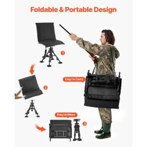 hunting chair, 360° silent swivel, foldable portable blind chair, heavy duty steel frame ground stool seat,with seat cover, anti sink feet, height adjustable, 350 lbs capacity, for fishing