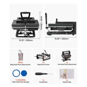 hybrid heat press, 15 x 15 inch, 5 in 1 multifunction, heat up fast and even, all new patented design, easy to control, sublimation press machine for t shirts/mugs/tumblers/caps/plates, black