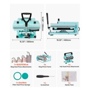 hybrid heat press, 15 x 15 inch, 8 in 1 multifunction, heat up fast and even, all new patented design, easy to control, sublimation press machine for t shirts/tumblers/caps/plates, light green