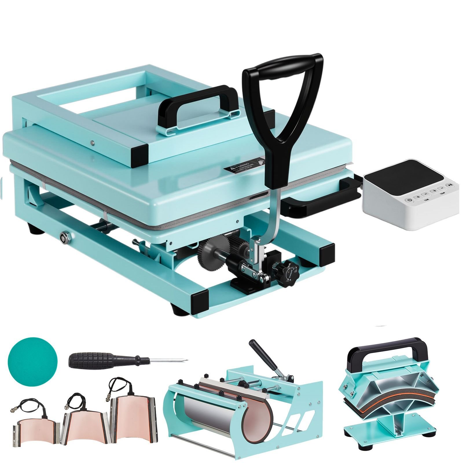 hybrid heat press, 15 x 15 inch, 8 in 1 multifunction, heat up fast and even, all new patented design, easy to control, sublimation press machine for t shirts/tumblers/caps/plates, light green