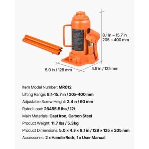 hydraulic bottle jack, 12 ton (26455.5 lbs) capacity, 8.1 15.7 inch lifting range, heavy duty welded bottle jack for car, suv, pickup, auto repair, house lift and agricultural equipment, orange
