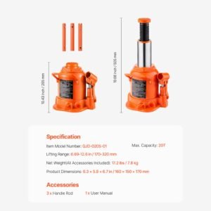 hydraulic bottle jack, 20 ton/44092 lbs welded bottle jack with 6.69'' 12.6'' lifting range & 3 section long handle, for car, pickup, truck, rv, auto repair, industrial engineering
