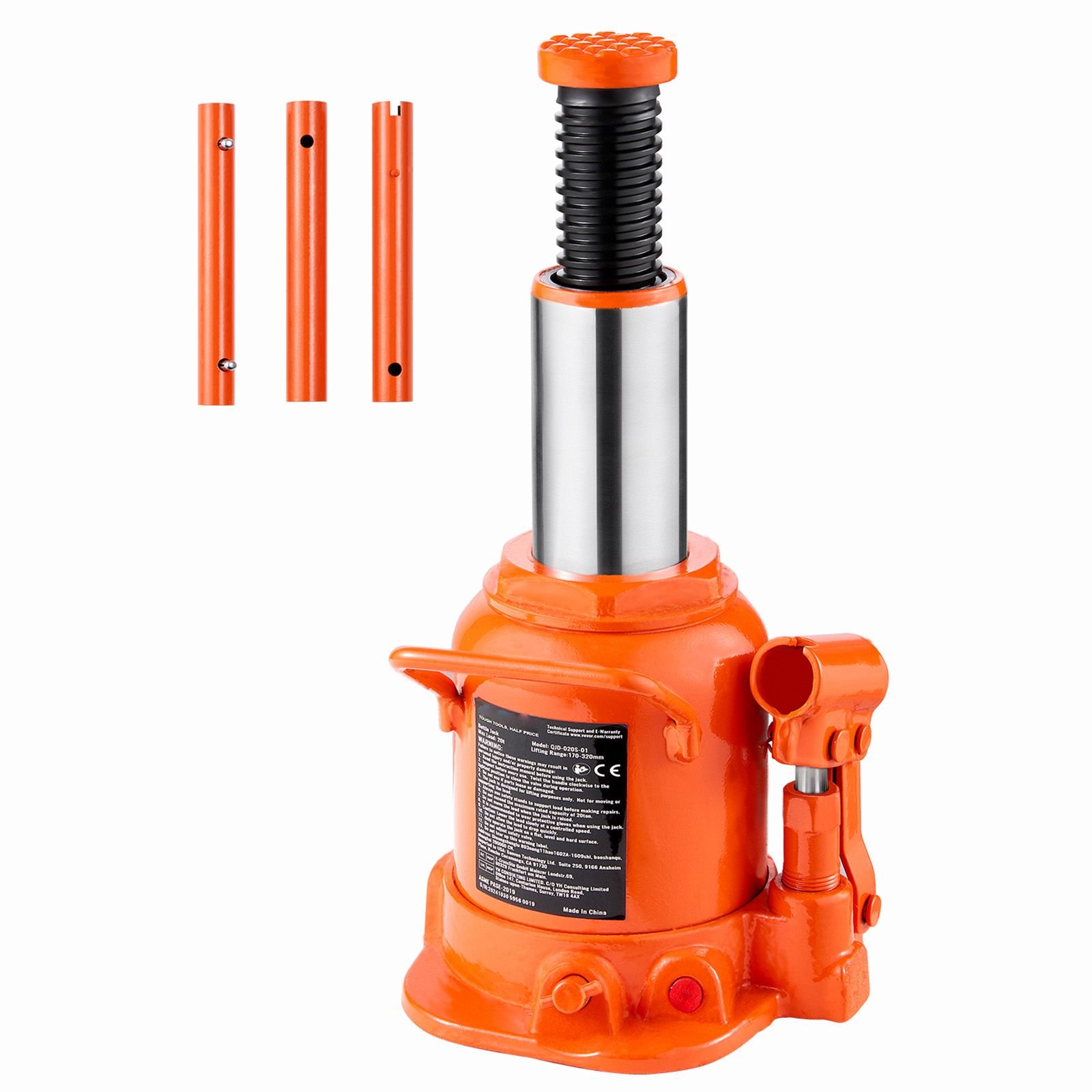 hydraulic bottle jack, 20 ton/44092 lbs welded bottle jack with 6.69'' 12.6'' lifting range & 3 section long handle, for car, pickup, truck, rv, auto repair, industrial engineering