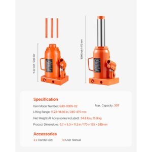 hydraulic bottle jack, 30 ton/66138 lbs welded bottle jack with 11.22'' 18.66'' lifting range & 3 section long handle, for car, pickup, truck, rv, auto repair, industrial engineering
