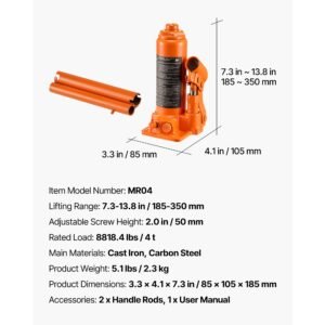hydraulic bottle jack, 4 ton (8818.4 lbs) capacity, 7.3 13.8 inch lifting range, heavy duty welded bottle jack for car, suv, pickup, auto repair, house lift and agricultural equipment, orange
