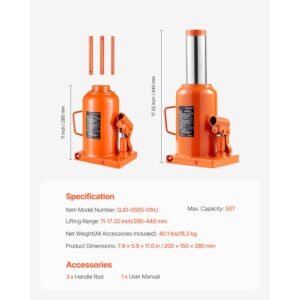 hydraulic bottle jack, 50 ton/110231 lbs welded bottle jack with 11'' 17.32'' lifting range & 3 section long handle, for car, pickup, truck, rv, auto repair, industrial engineering