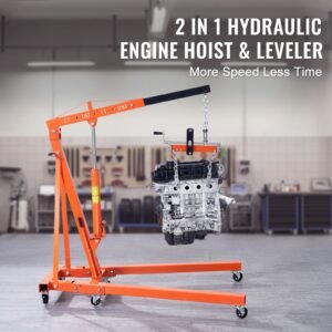 hydraulic engine hoist with lever, 2 ton/4400 lbs heavy duty cherry picker shop crane, foldable engine crane and engine hoist leveler for auto repair, motors, weights lifting, loading
