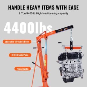 hydraulic engine hoist with lever, 2 ton/4400 lbs heavy duty cherry picker shop crane, foldable engine crane and engine hoist leveler for auto repair, motors, weights lifting, loading