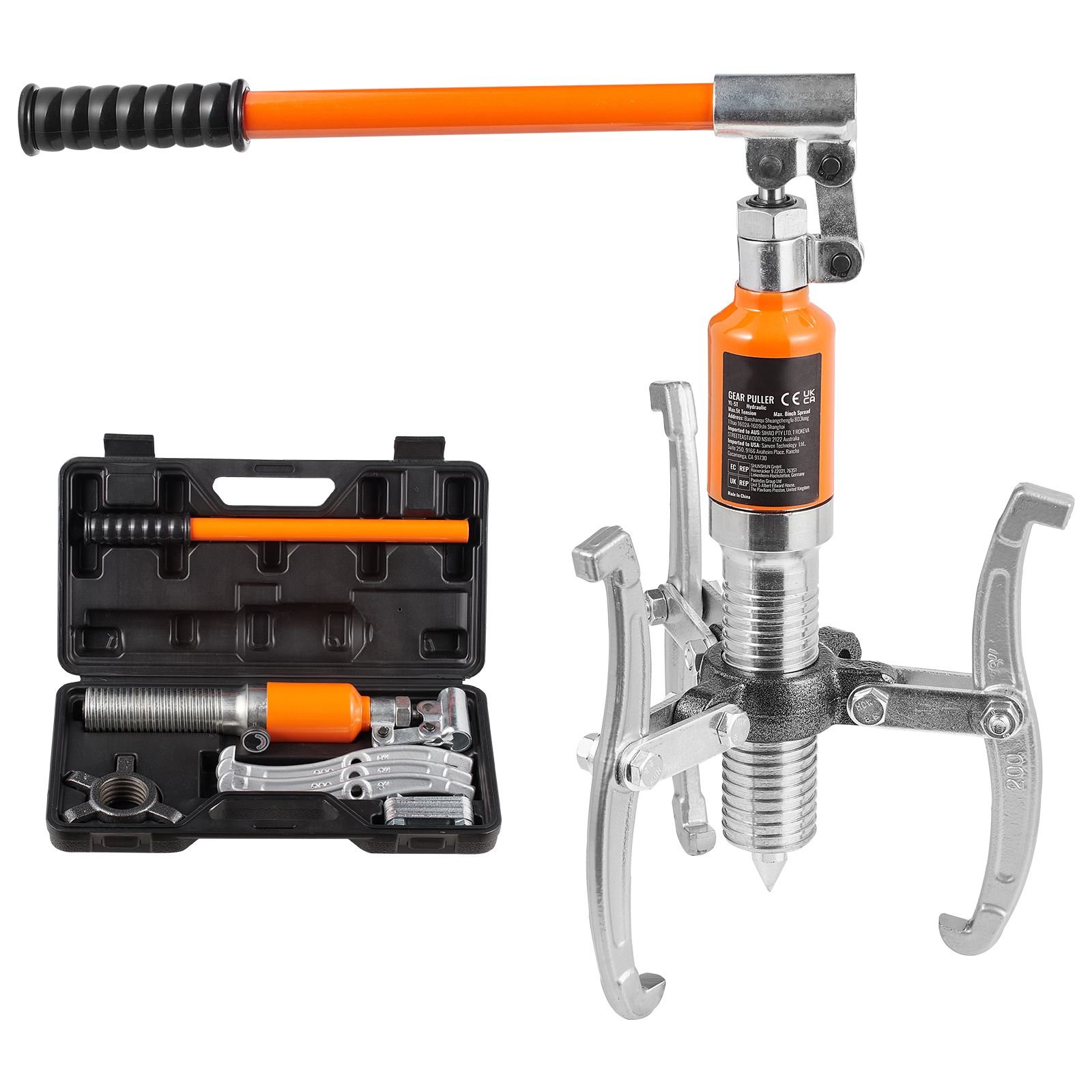 hydraulic gear puller, 5 ton max capacity wheel bearing pulling separator, 2 or 3 jaws puller, vertically and horizontally, 8" jaw hydraulic puller with case for pulling hubs