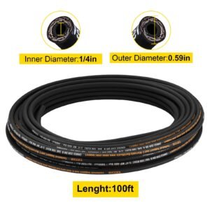 hydraulic hose 1/4 inch x 100 ft, coiled hydraulic hose 5800 psi, rubber hydraulic hose with 2 high tensile steel wire braid, bulk hydraulic hose 20 to 140celsius, hydraulic oil flexible hose