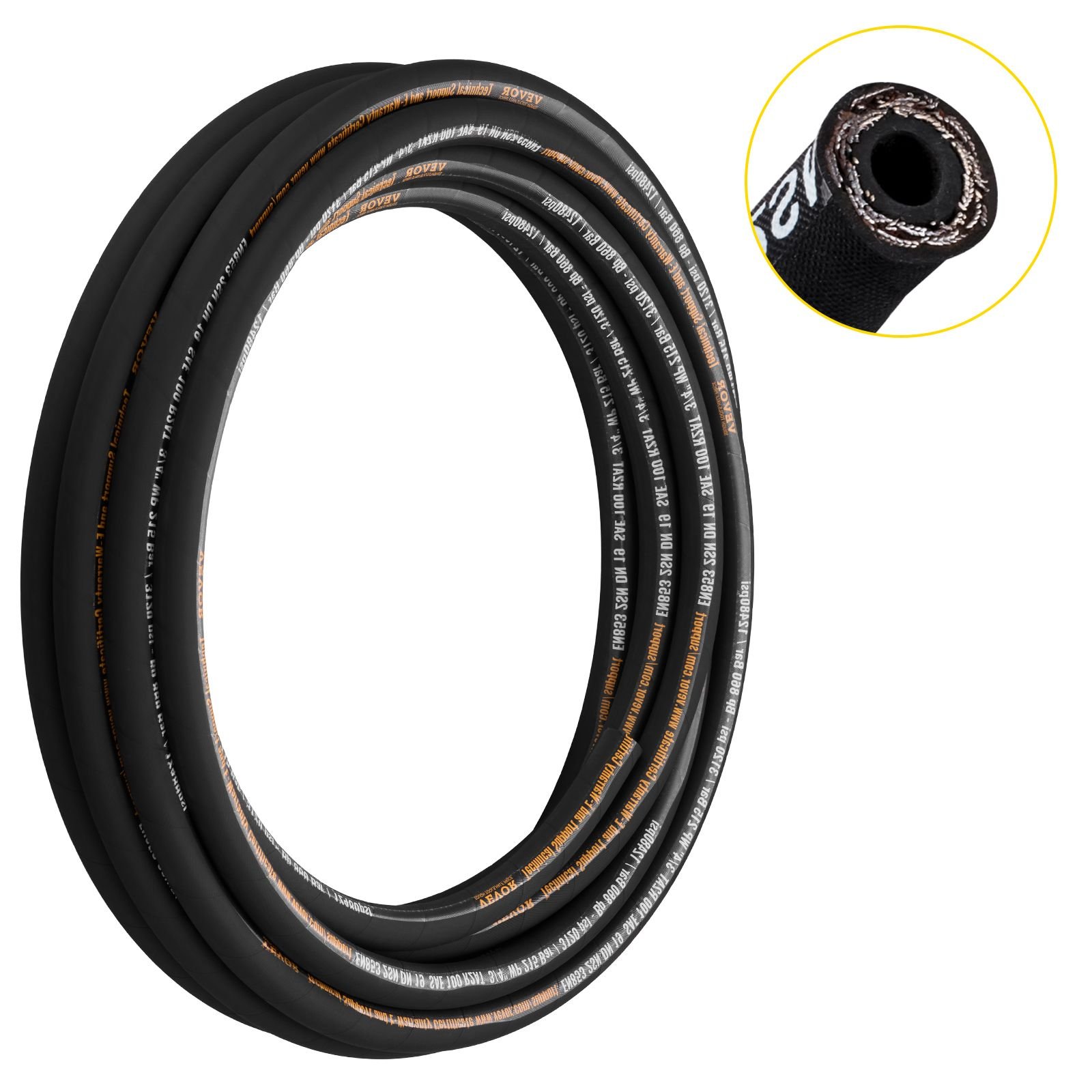 hydraulic hose 3/4 inch x 50 ft, coiled hydraulic hose 3120 psi, rubber hydraulic hose with 2 high tensile steel wire braid, bulk hydraulic hose 20 to 140 celsius, hydraulic oil flexible hose