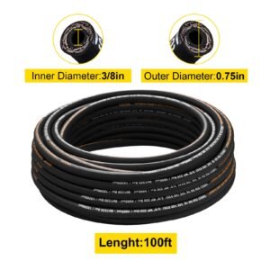 hydraulic hose 3/8 inch x 100 ft, coiled hydraulic hose 4800 psi, rubber hydraulic hose with 2 high tensile steel wire braid, bulk hydraulic hose 20 celsius to 140 celsius