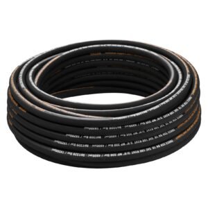 hydraulic hose 3/8 inch x 100 ft, coiled hydraulic hose 4800 psi, rubber hydraulic hose with 2 high tensile steel wire braid, bulk hydraulic hose 20 celsius to 140 celsius