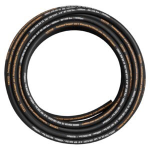 hydraulic hose 3/8 inch x 100 ft, coiled hydraulic hose 4800 psi, rubber hydraulic hose with 2 high tensile steel wire braid, bulk hydraulic hose 20 celsius to 140 celsius