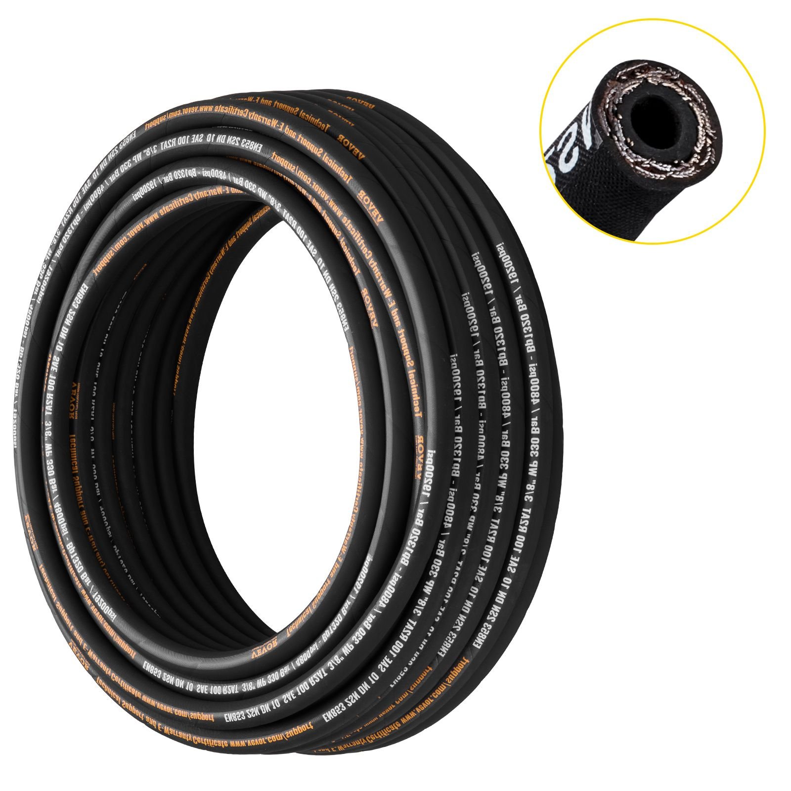 hydraulic hose 3/8 inch x 100 ft, coiled hydraulic hose 4800 psi, rubber hydraulic hose with 2 high tensile steel wire braid, bulk hydraulic hose 20 celsius to 140 celsius