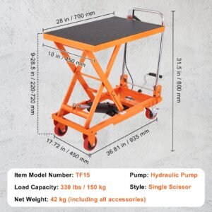 Hydraulic Lift Table Cart, 330lbs Capacity 28.5" Lifting Height, Manual Single Scissor Lift Table with 4 Wheels and Non-slip Pad, Hydraulic Scissor Cart for Material Handling and Transportation