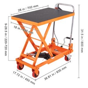 hydraulic lift table cart, 330lbs capacity 28.5" lifting height, manual single scissor lift table with 4 wheels and non slip pad, hydraulic scissor cart for material handling and transportation