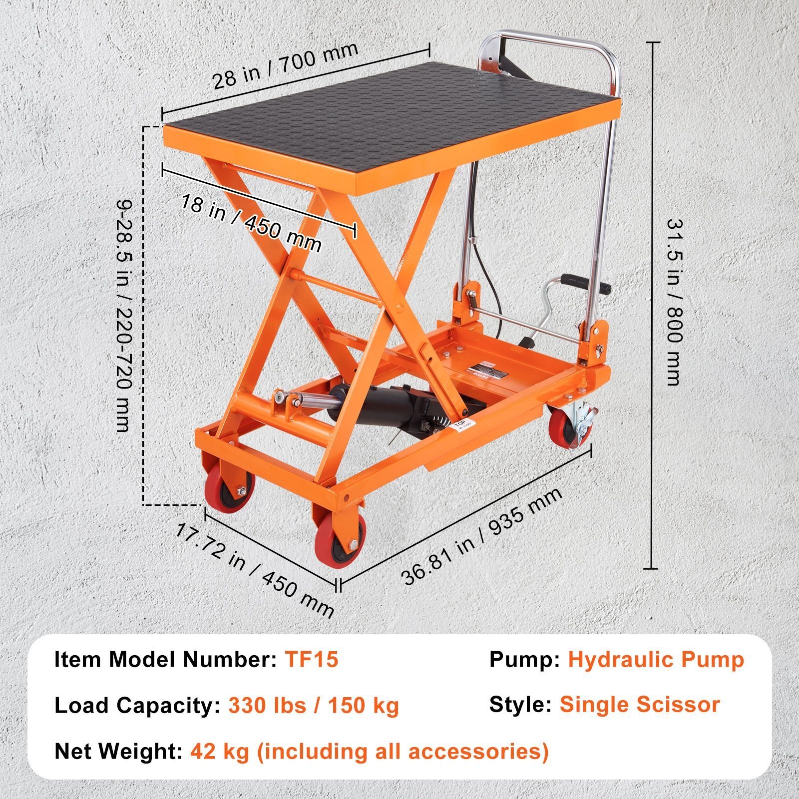 hydraulic lift table cart, 330lbs capacity 28.5" lifting height, manual single scissor lift table with 4 wheels and non slip pad, hydraulic scissor cart for material handling and transportation