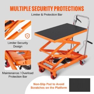 hydraulic lift table cart, 330lbs capacity 50" lifting height, manual double scissor lift table with 4 wheels and non slip pad, hydraulic scissor cart for material handling and transportation