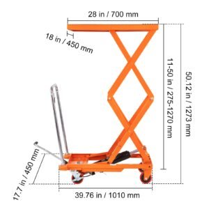 hydraulic lift table cart, 330lbs capacity 50" lifting height, manual double scissor lift table with 4 wheels and non slip pad, hydraulic scissor cart for material handling and transportation