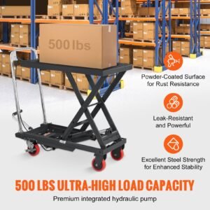 hydraulic lift table cart, 500lbs capacity 28.5" lifting height, manual single scissor lift table with 4 wheels and non slip pad, hydraulic scissor cart for material handling, black