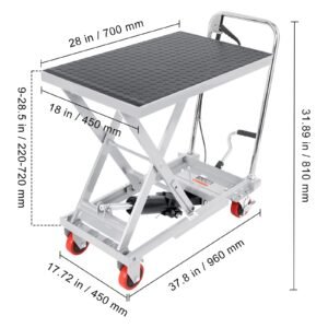 hydraulic lift table cart, 500lbs capacity 28.5" lifting height, manual single scissor lift table with 4 wheels and non slip pad, hydraulic scissor cart for material handling, gray