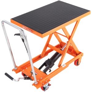 hydraulic lift table cart, 500lbs capacity 28.5" lifting height, manual single scissor lift table with 4 wheels and non slip pad, hydraulic scissor cart for material handling, orange