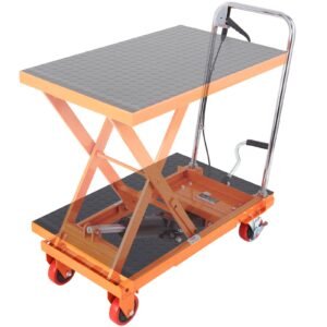 hydraulic lift table cart, 500lbs capacity 28.5" lifting height, manual single scissor lift table with 4 wheels and non slip pad, hydraulic scissor cart for material handling, orange