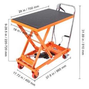 hydraulic lift table cart, 500lbs capacity 28.5" lifting height, manual single scissor lift table with 4 wheels and non slip pad, hydraulic scissor cart for material handling, orange