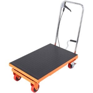 hydraulic lift table cart, 500lbs capacity 28.5" lifting height, manual single scissor lift table with 4 wheels and non slip pad, hydraulic scissor cart for material handling, orange