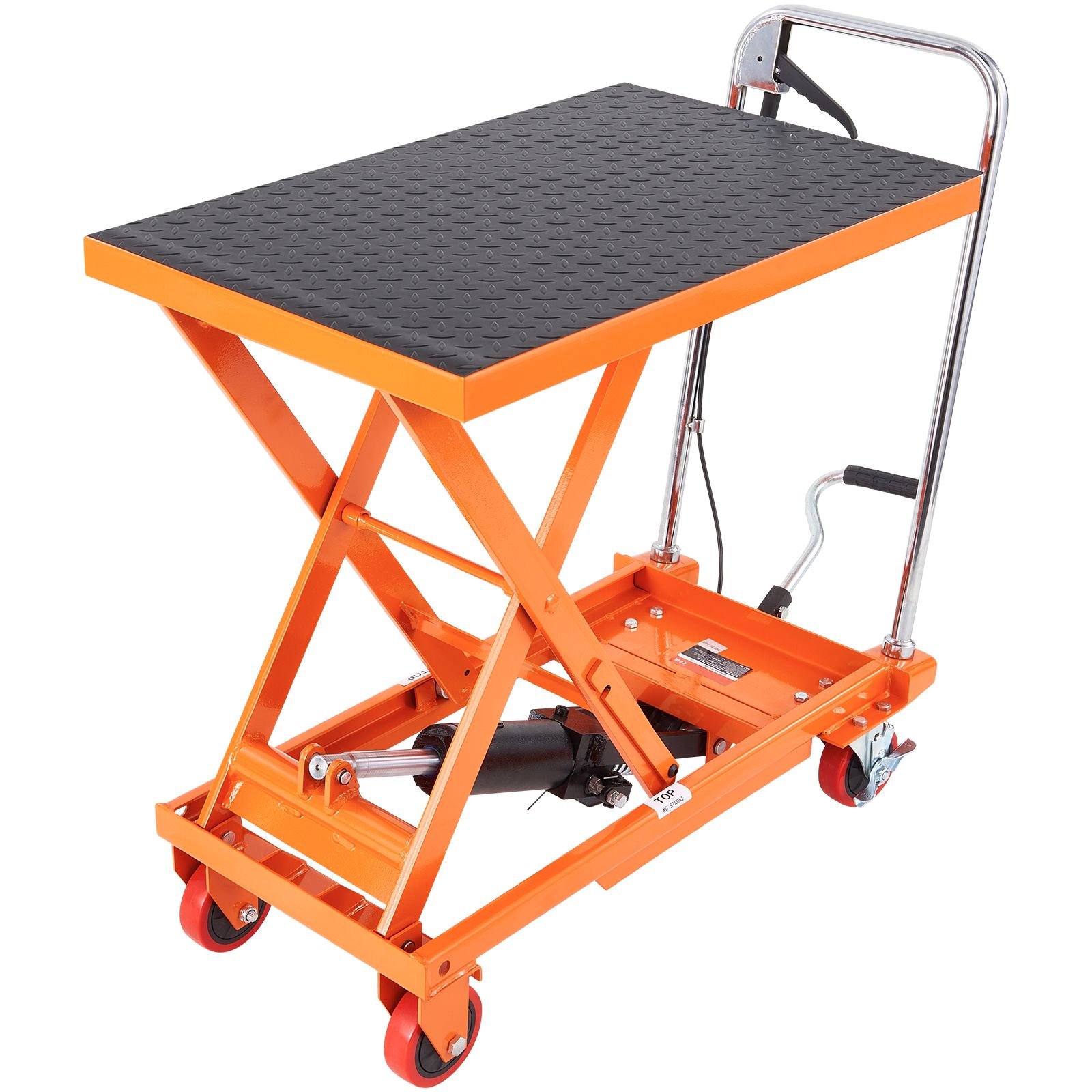 hydraulic lift table cart, 500lbs capacity 28.5" lifting height, manual single scissor lift table with 4 wheels and non slip pad, hydraulic scissor cart for material handling, orange
