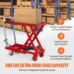hydraulic lift table cart, 500lbs capacity 28.5" lifting height, manual single scissor lift table with 4 wheels and non slip pad, hydraulic scissor cart for material handling, red