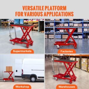 hydraulic lift table cart, 500lbs capacity 28.5" lifting height, manual single scissor lift table with 4 wheels and non slip pad, hydraulic scissor cart for material handling, red