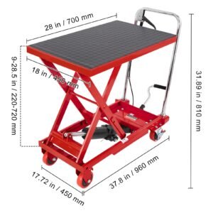 hydraulic lift table cart, 500lbs capacity 28.5" lifting height, manual single scissor lift table with 4 wheels and non slip pad, hydraulic scissor cart for material handling, red