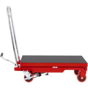 hydraulic lift table cart, 500lbs capacity 28.5" lifting height, manual single scissor lift table with 4 wheels and non slip pad, hydraulic scissor cart for material handling, red