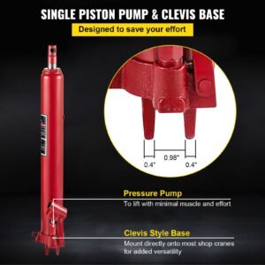 hydraulic long ram jack, 3 tons/6600 lbs capacity, with single piston pump and clevis base, manual cherry picker with handle, for garage/shop cranes, engine lift hoist, red(only jack)