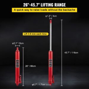 hydraulic long ram jack, 3 tons/6600 lbs capacity, with single piston pump and clevis base, manual cherry picker with handle, for garage/shop cranes, engine lift hoist, red(only jack)