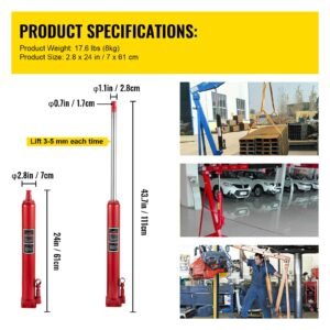 hydraulic long ram jack, 4 tons/8818 lbs capacity, with single piston pump and flat base, manual cherry picker with handle, for garage/shop cranes, engine lift hoist, red