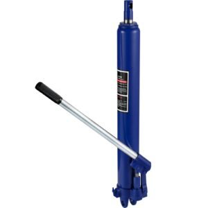 hydraulic long ram jack, 8 tons/17363 lbs capacity, with single piston pump and clevis base, manual cherry picker with handle, for garage/shop cranes, engine lift hoist, blue