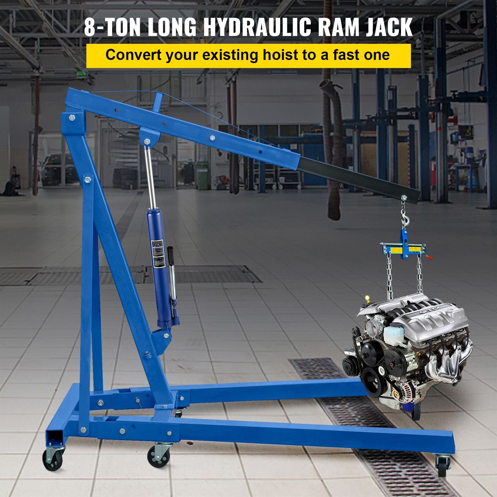hydraulic long ram jack, 8 tons/17363 lbs capacity, with single piston pump and clevis base, manual cherry picker with handle, for garage/shop cranes, engine lift hoist, blue