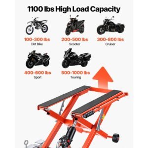 hydraulic motorcycle lift jack, 1100 lbs capacity, scissor lift jack portable motorcycle hoist stand with 6 wheels, 4.72" 15.15" height range, hydraulic foot operated hoist stand for dirt bikes