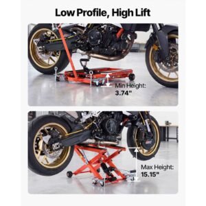 hydraulic motorcycle lift jack, 1100 lbs capacity, scissor lift jack portable motorcycle hoist stand with 6 wheels, 4.72" 15.15" height range, hydraulic foot operated hoist stand for dirt bikes