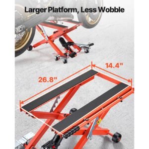 hydraulic motorcycle lift jack, 1100 lbs capacity, scissor lift jack portable motorcycle hoist stand with 6 wheels, 4.72" 15.15" height range, hydraulic foot operated hoist stand for dirt bikes
