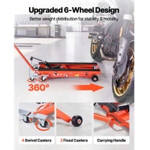 hydraulic motorcycle lift jack, 1100 lbs capacity, scissor lift jack portable motorcycle hoist stand with 6 wheels, 4.72" 15.15" height range, hydraulic foot operated hoist stand for dirt bikes