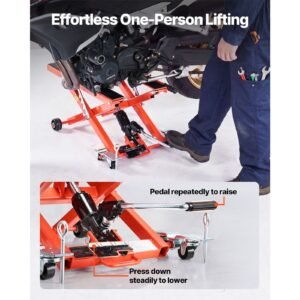hydraulic motorcycle lift jack, 1100 lbs capacity, scissor lift jack portable motorcycle hoist stand with 6 wheels, 4.72" 15.15" height range, hydraulic foot operated hoist stand for dirt bikes