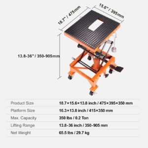 hydraulic motorcycle lift table, 350 lbs capacity motorcycle scissor jack lift with wide deck, j hooks, 4 wheels, hydraulic foot operated jack stand for atv dirt bikes