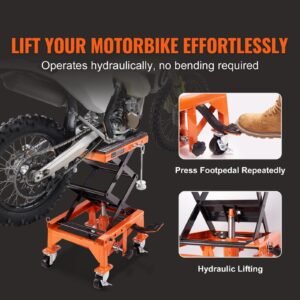 Hydraulic Motorcycle Lift Table, 350 LBS Capacity Motorcycle Scissor Jack Lift with Wide Deck, J-hooks, 4 Wheels, Hydraulic Foot-Operated Jack Stand for ATV Dirt Bikes
