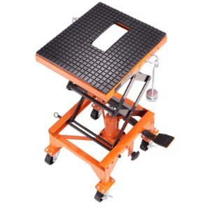hydraulic motorcycle lift table, 350 lbs capacity motorcycle scissor jack lift with wide deck, j hooks, 4 wheels, hydraulic foot operated jack stand for atv dirt bikes