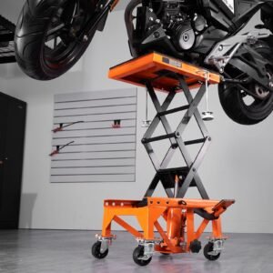 hydraulic motorcycle lift table, 350 lbs capacity motorcycle scissor jack lift with wide deck, j hooks, 4 wheels, hydraulic foot operated jack stand for atv dirt bikes