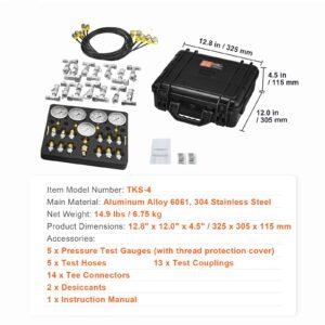 hydraulic pressure test kit, 10/100/250/400/600bar, 5 gauges 13 couplings 14 tee connectors 5 test hoses, excavator hydraulic test gauge set with carrying case for excavator tractors machinery